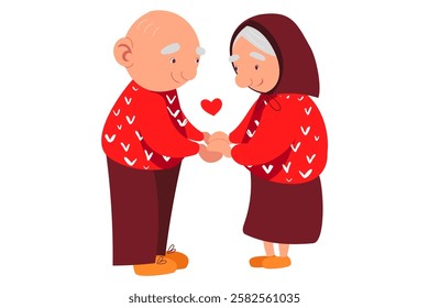 Grandfather and grandmother in love holding hands. Old men in red sweaters with white hearts look at each other with kind eyes. Golden strong love