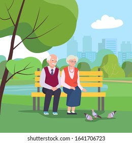 Grandfather and grandmother  in nature sitting on bench and feeding pigeons  in the park.  Vector flat illustration.