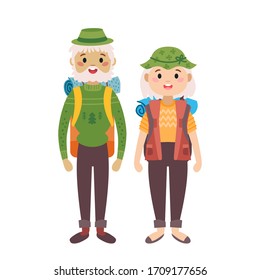 Grandfather and grandmother with a packsack travel isolated on white background. Vector illustration. A man and a woman of old age. Grandparents going camping