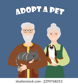 Grandfather and grandmother with pets. Adopt a dog or cat from a shelter. Vector illustration with animals. For flyers, covers, advertisements, posters and veterinary clinics, stores.