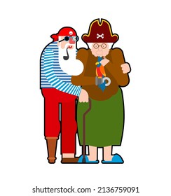 Grandfather and grandmother Pirate. Grandpa and Grandma filibuster and parrot. Vector illustration