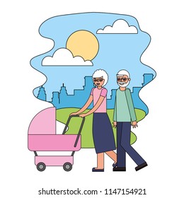 grandfather and grandmother with pram baby