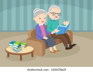 grandfather with grandmother reading book together,Happy elder is looking at wife which is reading book in bright room