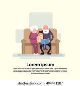 Grandfather And Grandmother Sit With Grandson Read Book Small Child Flat Vector Illustration