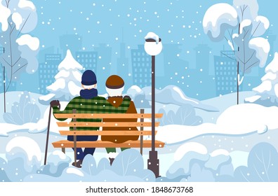 Grandfather and grandmother are sitting on a bench in a winter city park. Adults hug and enjoy the scenery. Vector illustration.