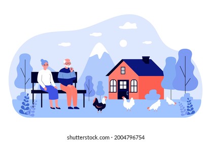 Grandfather and grandmother sitting on bench in backyard. Flat vector illustration. Elderly couple looking at hens grazing on grass. Nature, household, retirement, family, village concept