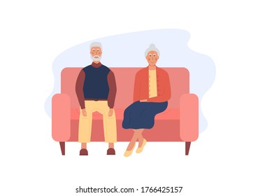 Grandfather and grandmother sitting on pink sofa together. Pensioners spending time together. Lonely old age couple. Concept for grandparents day. Elderly people. Flat vector illustration.