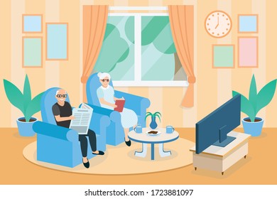 grandfather and grandmother are sitting on a sofa and watch TV in living room, Grandfather reading the newspaper, Grandma reading a book, Senior couple sit on a couch in house, stay at home.