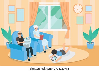 grandfather and grandmother are sitting on a sofa in living room, A boy reading and playing tablet lying down, Grandfather reading the newspaper, Grandma reading a book, stay at home.