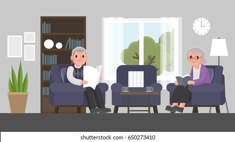 el abuelo y la abuela están sentados en un sofá en la sala de estar. Una pareja mayor se sienta en un sofá de la casa. Ilustración vectorial.