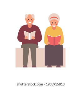 Grandfather and grandmother are sitting reading a book. Vector illustration.