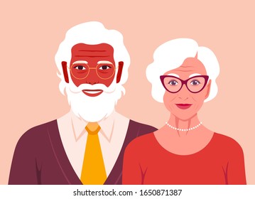 Grandfather and grandmother are smiling. Portrait of happy old people. Retired couple. Vector flat illustration