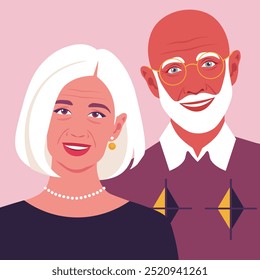 Grandfather and grandmother are smiling. Portrait of happy old people. Elderly couple. Vector flat illustration