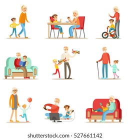 Grandfather And Grandmother Spending Time Playing With Grandchildren, Small Boys And Girls With Their Grandparents Set Of Collection