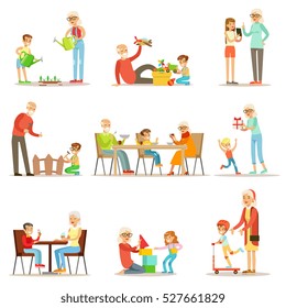 Grandfather And Grandmother Spending Time Playing With Grandkids, Small Boys And Girls With Their Grandparents Vector Collection