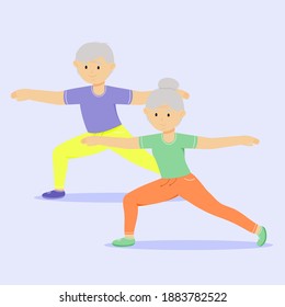 A grandfather and a grandmother stand in the hero's pose. Yoga class. Steam family yoga. A healthy way of life. Vector illustration.