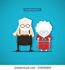 Grandfather and grandmother are standing with sticks next to each other - stock vector illustration