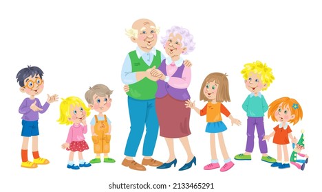 Grandfather and grandmother surrounded by grandchildren. In cartoon style. Isolated on white background. Vector illustration.