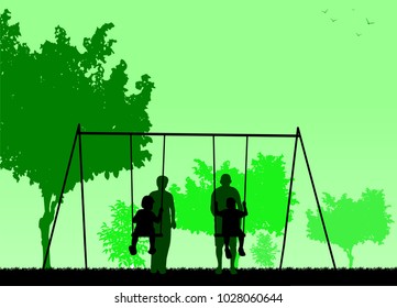 Grandfather and grandmother swinging grandchildren on a swing in the park, one in the series of similar images silhouette