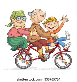 Grandfather, Grandmother And Their Grandson Rides On A Red Bike