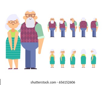 Grandfather and Grandmother Vector Set for animation. Front, side, back view characters. Cartoon style, flat vector illustration isolated on white.