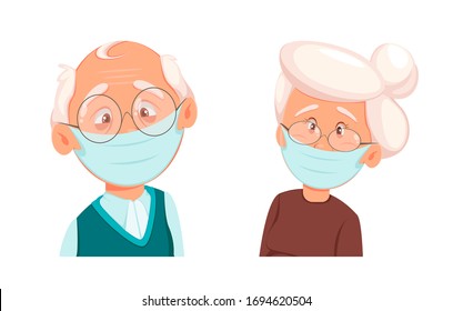 Grandfather and grandmother wearing a protective mask to prevent infections, respiratory diseases, such as coronavirus 2019-nCoV. Vector illustration on white background