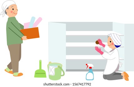 Grandfather and grandmother who are cleaning