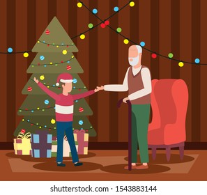 grandfather and grandson celebrating christmas in livingroom with tree vector design