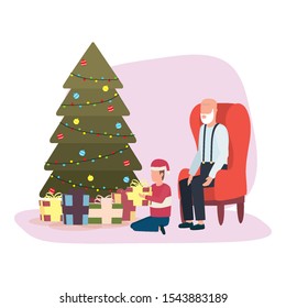 grandfather and grandson celebrating christmas in livingroom with tree vector design