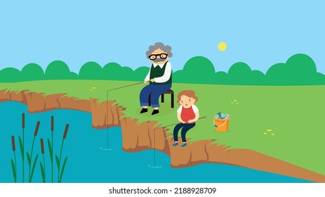 Grandfather and grandson fishing on the lake