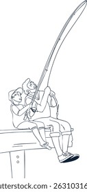 Grandfather and grandson fishing on a wooden pier. Vector illustration.