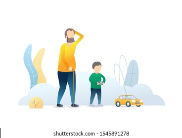 Grandfather With Grandson Flat Vector Illustration. Senior Adult And Little Boy Cartoon Characters. Grandparent And Grandchild Spend Time Together. Kid Playing With Remote Control Toy Car.