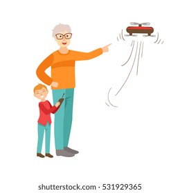 Grandfather And Grandson Flying A Drone, Part Of Grandparent And Grandchild Passing Time Together Set Of Illustrations