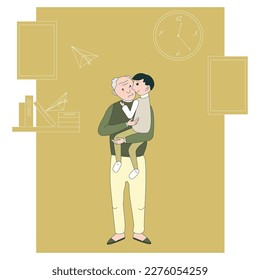 Grandfather With Grandson. Funny Old Man With Walking Cane And With Boy. Colorful Cartoon Vector