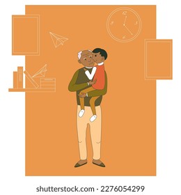 Grandfather With Grandson. Funny Old Man With Walking Cane And With Boy. Colorful Cartoon Vector