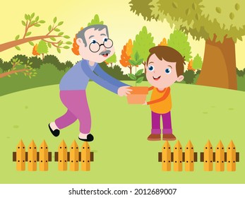 Grandfather and grandson gardening 2D cartoon concept for banner, website, illustration, landing page, flyer, etc.