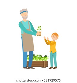 Grandfather And Grandson Gardening, Part Of Grandparent And Grandchild Passing Time Together Set Of Illustrations