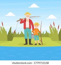 Grandfather and Grandson Going Fishing, Grandparent and Grandchild Having Good Time Together at Sunny Summer Day Cartoon Vector Illustration