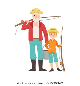Grandfather And Grandson Going Fishing. Part Of Grandparent And Grandchild Passing Time Together Set Of Illustrations