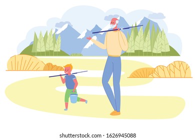 Grandfather and Grandson Going Fishing with Rods at Sunny Summer Time Day on Mountain Landscape Background. Grandparent and Grandchild Passing Time Together on Weekend Cartoon Flat Vector Illustration