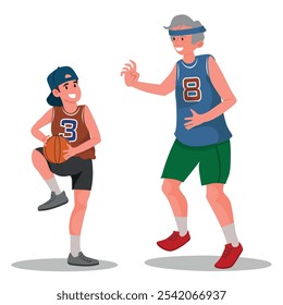 grandfather and grandson having fun playing basketball. family moment, vector illustration.