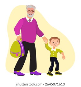 Grandfather and grandson are holding hands and walking to school. Family scene, care, parenting. A loving grandfather and child strolling, talking, and smiling. Vector flat illustration.