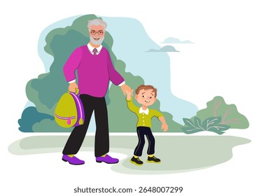 Avô e neto estão de mãos dadas e caminhando até a escola pelo parque. Cena familiar, paternidade. Um avô amoroso e uma criança estão falando e sorrindo. Ilustração de vetor plano de desenhos animados.