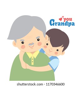 Grandfather and grandson hugging together isolated on white background. Cute grandpa and grandchildren cartoon flat vector illustration.
