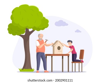 Grandfather And Grandson Making Birdhouse Together. Happy Family Building Wooden House For Birds Use Carpentry Instruments. Elderly Man Teaching Boy Craft Work, Hobby, Leisure Activity Cartoon Vector
