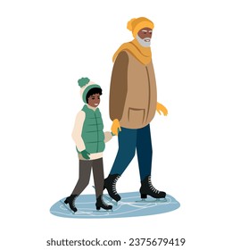 Grandfather with grandson on an ice skating rink. Active retirees and time with grandson. Winter active recreation. Vector illustration isolated on white background.