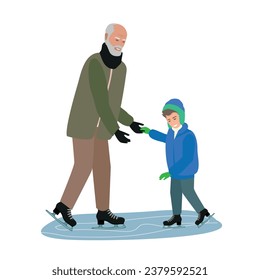 Grandfather with grandson on an ice skating rink. Active retirees and time with grandson. Winter active recreation. Vector illustration isolated on white background.