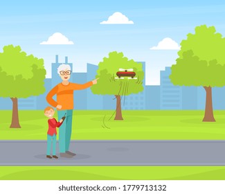 Grandfather and Grandson Operating Flying Drone in Park, Grandparent and Grandchild Having Good Time Together at Sunny Summer Day Cartoon Vector Illustration