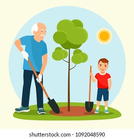 Grandfather and the grandson plant trees in the park. Vectorflat style illustration