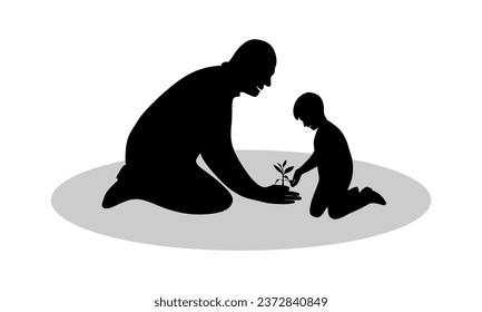“SHOTLISTS3niorLife”. Grandfather and grandson planting a tree. Happy family. Black silhouettes and white background. 